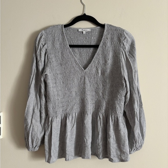 Madewell Size Small Lucie V-Neck Smocked Peplum Top‎ Wool Gauze Gray Ruffle Boho - Picture 4 of 7